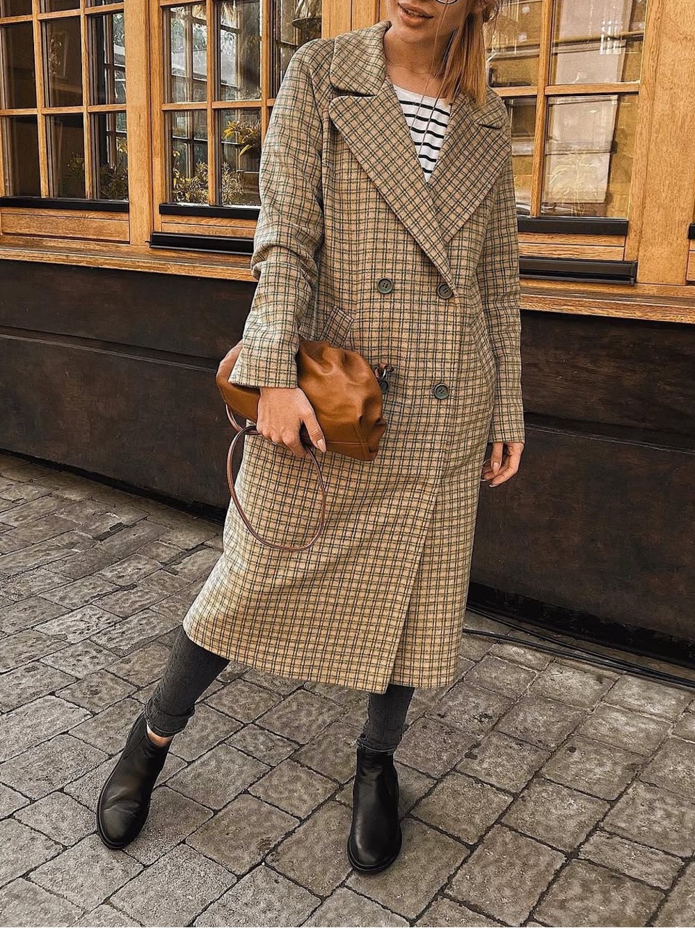 Cream & Teal Plaid Double-Breasted Pea Wool Coat